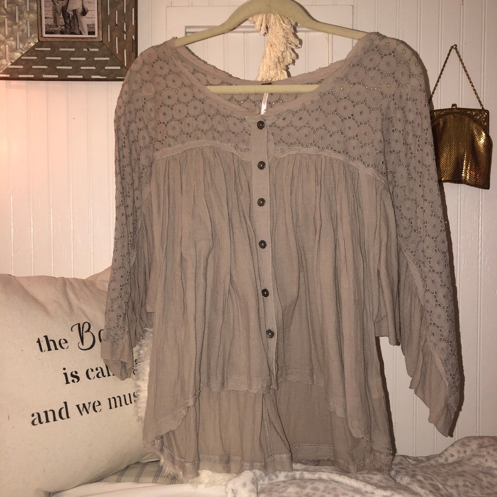 Free People Peasant Top in Gray/Taupe with Buttons